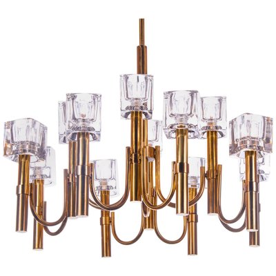 Italian Modernist Cubic 12-Light Chandelier in Glass & Brass by Gaetano Sciolari, 1970s-DEK-932695