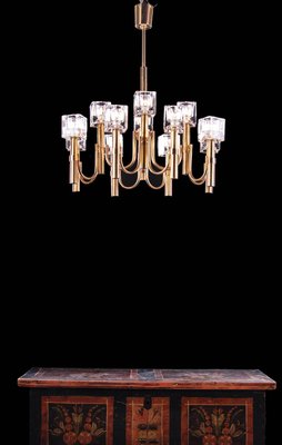 Italian Modernist Cubic 12-Light Chandelier in Glass & Brass by Gaetano Sciolari, 1970s-DEK-932695