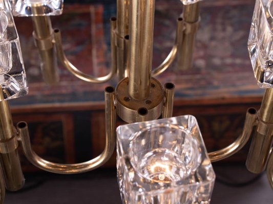 Italian Modernist Cubic 12-Light Chandelier in Glass & Brass by Gaetano Sciolari, 1970s-DEK-932695