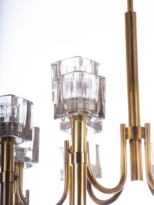 Italian Modernist Cubic 12-Light Chandelier in Glass & Brass by Gaetano Sciolari, 1970s-DEK-932695