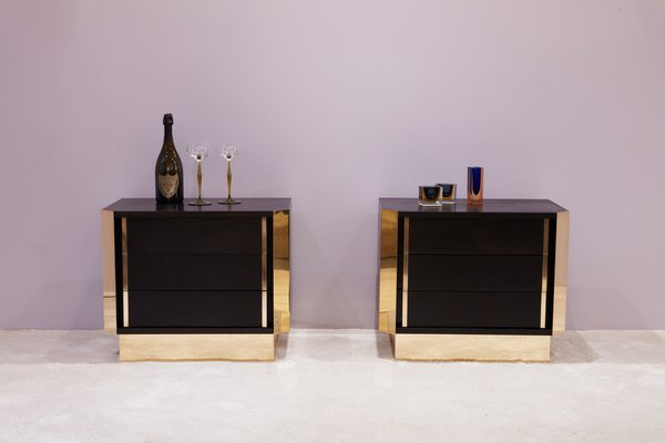 Italian Nightstands in Ebonized Oak and Brass, 1970s, Set of 2-YJA-1784562