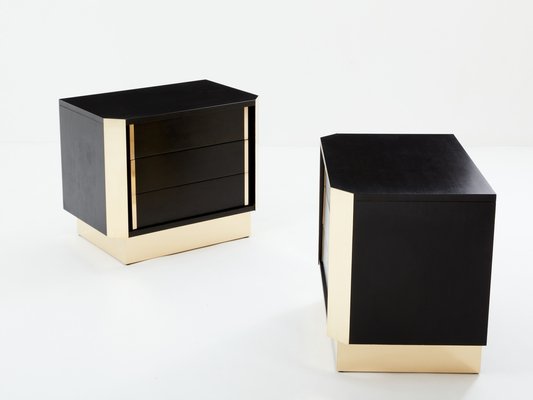 Italian Nightstands in Ebonized Oak and Brass, 1970s, Set of 2-YJA-1784562