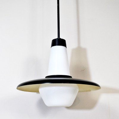 Italian Opaline Glass and Black Lacquer Pendant Lamp, 1960s-JQO-731486