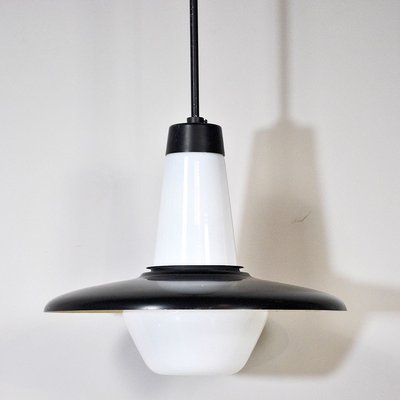 Italian Opaline Glass and Black Lacquer Pendant Lamp, 1960s-JQO-731486