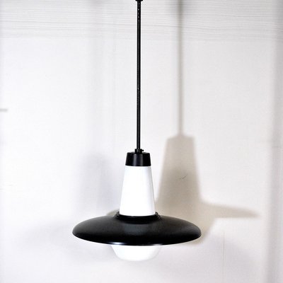 Italian Opaline Glass and Black Lacquer Pendant Lamp, 1960s-JQO-731486