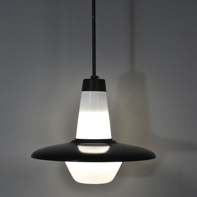 Italian Opaline Glass and Black Lacquer Pendant Lamp, 1960s-JQO-731486