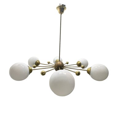 Italian Opaline Glass and Brass Sputnik Chandelier, 1960s-JJC-1768572