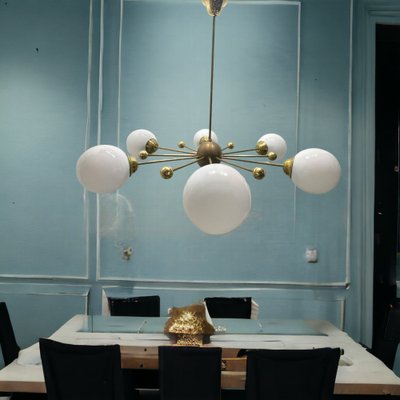 Italian Opaline Glass and Brass Sputnik Chandelier, 1960s-JJC-1768572