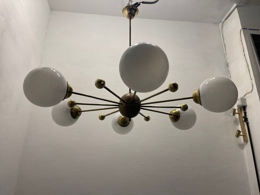 Italian Opaline Glass and Brass Sputnik Chandelier, 1960s-JJC-1768572