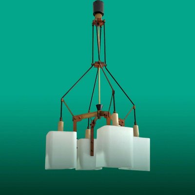 Italian Opaline Glass, Brass and Teak Chandelier Attributed to Stilnovo, 1960s-JDR-1125520