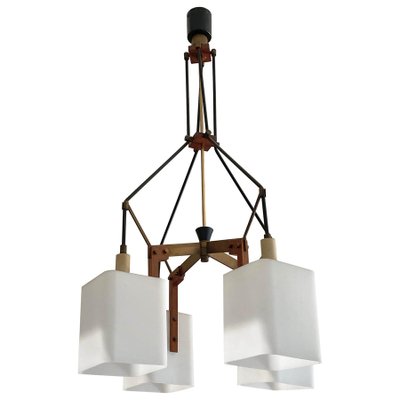 Italian Opaline Glass, Brass and Teak Chandelier Attributed to Stilnovo, 1960s-JDR-1125520