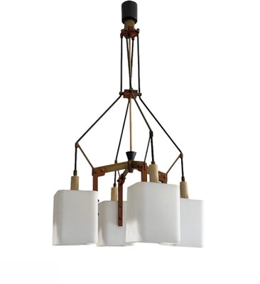 Italian Opaline Glass, Brass and Teak Chandelier Attributed to Stilnovo, 1960s-JDR-1125520