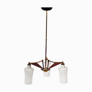 Italian Opaline Glass, Brass and Teak Chandelier Attributed to Stilnovo, 1960s-JDR-1125523