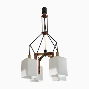 Italian Opaline Glass, Brass and Teak Chandelier Attributed to Stilnovo, 1960s-JDR-1125520