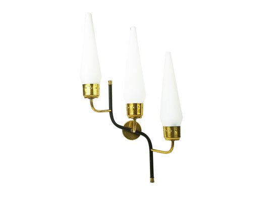 Italian Opaline Glass with Black Metal & Brass 3-Light Wall Lamp, 1950s-RD-1767677