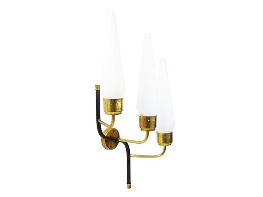 Italian Opaline Glass with Black Metal & Brass 3-Light Wall Lamp, 1950s-RD-1767677