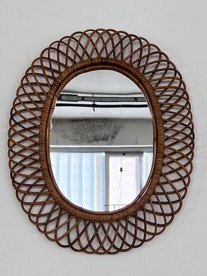 Italian Oval Wall Mirror with Bamboo Frame in the style of Franco Albini, 1970s-VNE-1758678