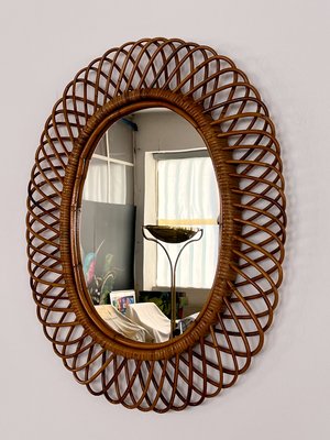 Italian Oval Wall Mirror with Bamboo Frame in the style of Franco Albini, 1970s-VNE-1758678