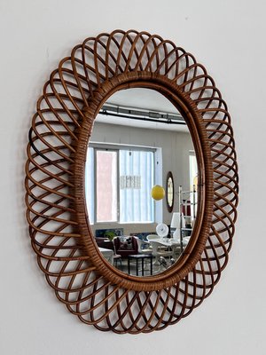 Italian Oval Wall Mirror with Bamboo Frame in the style of Franco Albini, 1970s-VNE-1758678