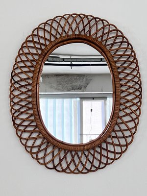 Italian Oval Wall Mirror with Bamboo Frame in the style of Franco Albini, 1970s-VNE-1758678