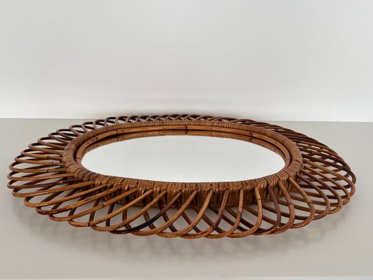 Italian Oval Wall Mirror with Bamboo Frame in the style of Franco Albini, 1970s-VNE-1758678