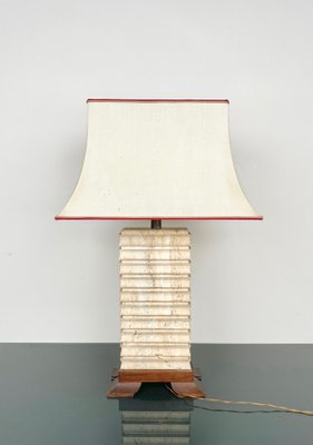 Italian Pagoda Table Lamp in Travertine, Wood and Brass, 1970s-LYQ-1343309