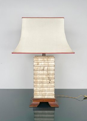 Italian Pagoda Table Lamp in Travertine, Wood and Brass, 1970s-LYQ-1343309