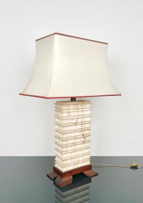 Italian Pagoda Table Lamp in Travertine, Wood and Brass, 1970s-LYQ-1343309