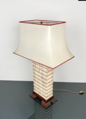 Italian Pagoda Table Lamp in Travertine, Wood and Brass, 1970s-LYQ-1343309