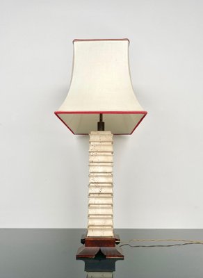 Italian Pagoda Table Lamp in Travertine, Wood and Brass, 1970s-LYQ-1343309