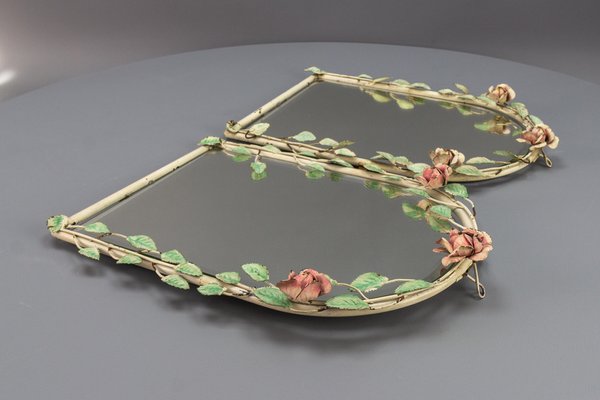 Italian Painted Tole Flower Wall Mirrors, 1950s, Set of 2-KEG-1717715