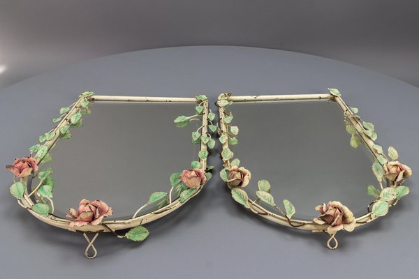 Italian Painted Tole Flower Wall Mirrors, 1950s, Set of 2-KEG-1717715