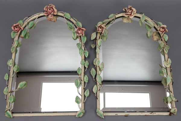 Italian Painted Tole Flower Wall Mirrors, 1950s, Set of 2-KEG-1717715