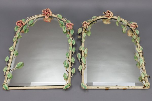 Italian Painted Tole Flower Wall Mirrors, 1950s, Set of 2-KEG-1717715