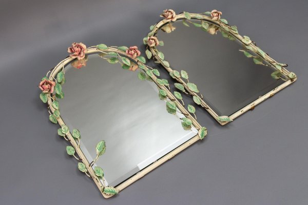 Italian Painted Tole Flower Wall Mirrors, 1950s, Set of 2-KEG-1717715