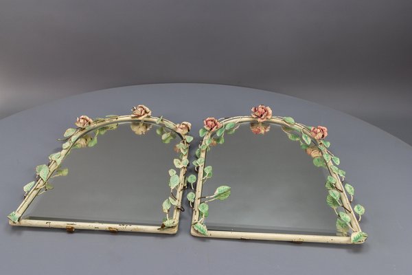 Italian Painted Tole Flower Wall Mirrors, 1950s, Set of 2-KEG-1717715