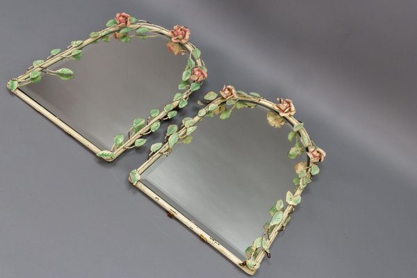 Italian Painted Tole Flower Wall Mirrors, 1950s, Set of 2-KEG-1717715