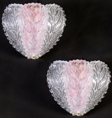 Italian Pink and Clear Murano Glass Leaf Wall Lights, 1970s, Set of 2-MBH-1031930