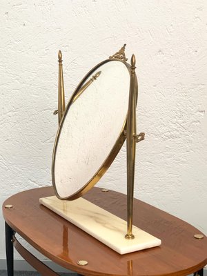 Italian Polished Brass Table Mirror with Adjustable Marble Vanity Base, 1950s-JDR-1126135