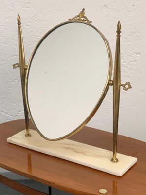 Italian Polished Brass Table Mirror with Adjustable Marble Vanity Base, 1950s-JDR-1126135