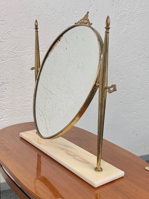 Italian Polished Brass Table Mirror with Adjustable Marble Vanity Base, 1950s-JDR-1126135