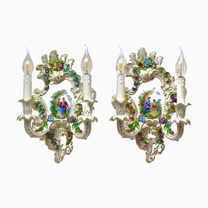 Italian Porcelain Sconces with Floral Decoration, 1950, Set of 2-MJY-1754992