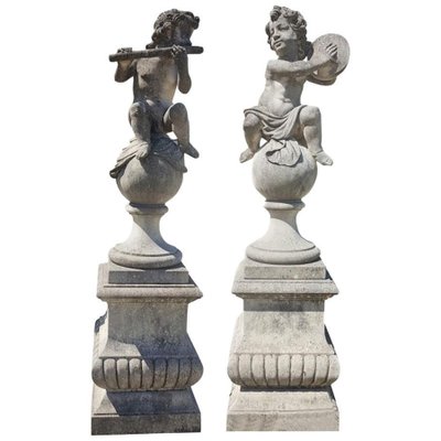 Italian Putto Stone Garden Statues Representing Musicians, Set of 2-MBH-1031670