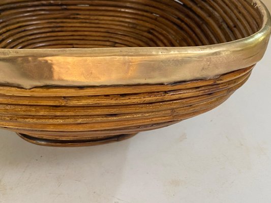 Italian Rattan and Brass Basket Bowl Centerpiece, 1970s-UR-1741864