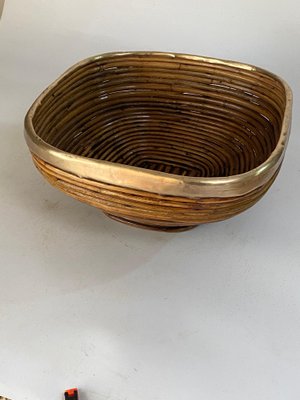 Italian Rattan and Brass Basket Bowl Centerpiece, 1970s-UR-1741864