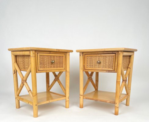 Italian Rattan Bedside Tables in Bamboo and Wood, 1980s-LYQ-1177978