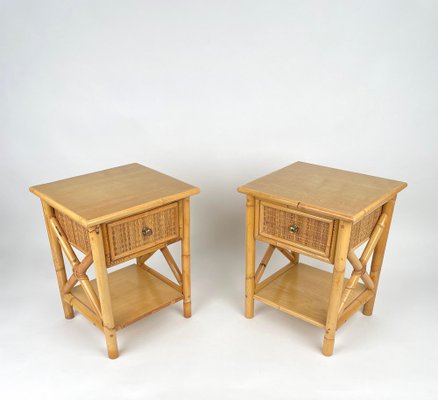 Italian Rattan Bedside Tables in Bamboo and Wood, 1980s-LYQ-1177978