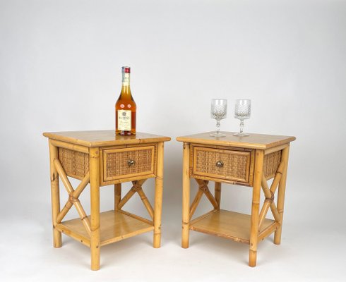 Italian Rattan Bedside Tables in Bamboo and Wood, 1980s-LYQ-1177978