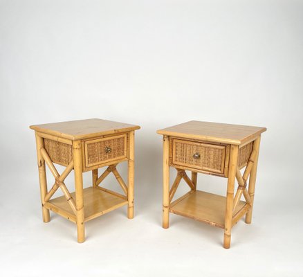 Italian Rattan Bedside Tables in Bamboo and Wood, 1980s-LYQ-1177978