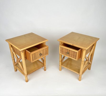 Italian Rattan Bedside Tables in Bamboo and Wood, 1980s-LYQ-1177978